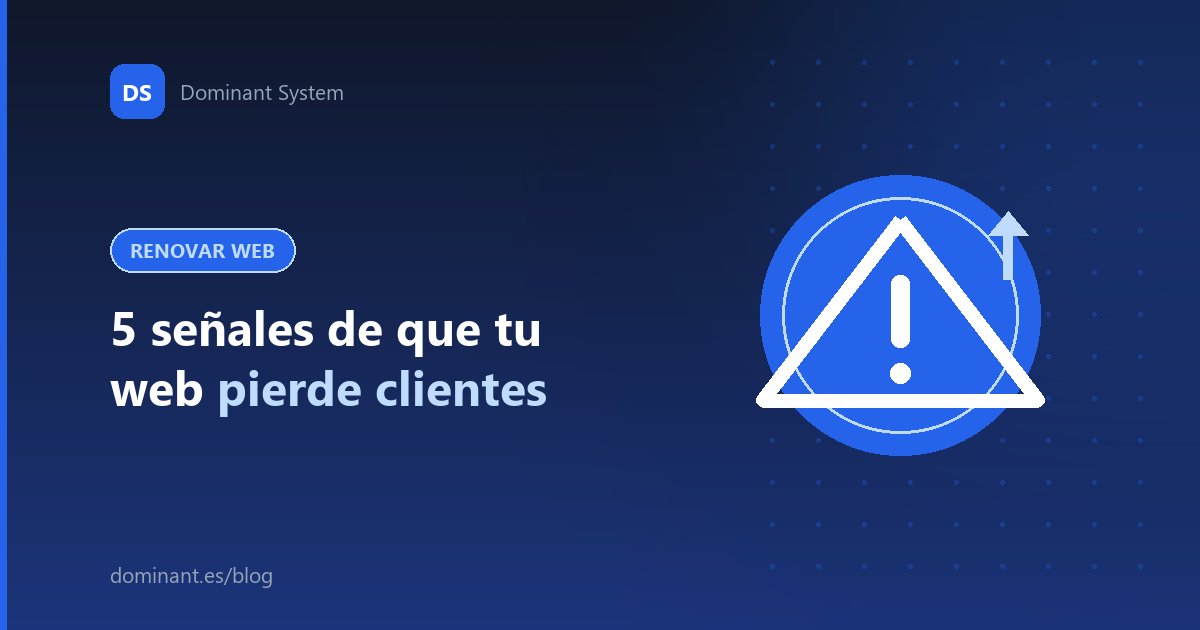 Ilustración: señales de que tu web pierde clientes, con un triángulo de aviso y una flecha de mejora